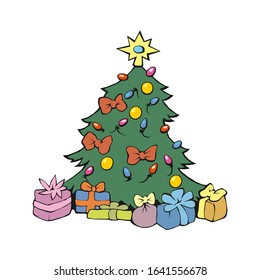 Star, decoration balls and light bulb chain decorated christmas tree with lots of gift boxes. Flat style vector illustration isolated on white background.
