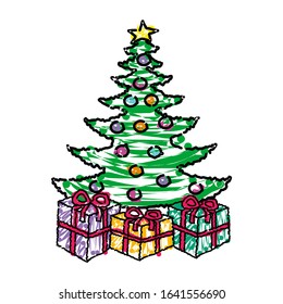 Star, decoration balls and light bulb chain decorated christmas tree with lots of gift boxes. Flat style vector illustration isolated on white background.