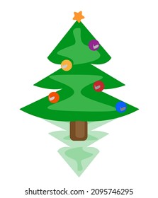 Star, decoration balls and light bulb chain decorated christmas tree  Flat style vector illustration isolated on white background.