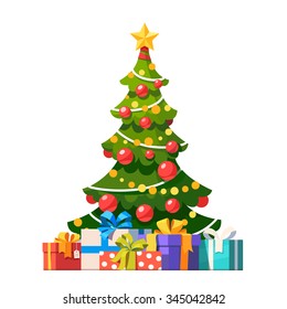 Star, decoration balls and light bulb chain decorated christmas tree with lots of gift boxes. Flat style vector illustration isolated on white background.