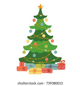 Star, decoration balls and light bulb chain decorated christmas tree with lots of gift boxes.
