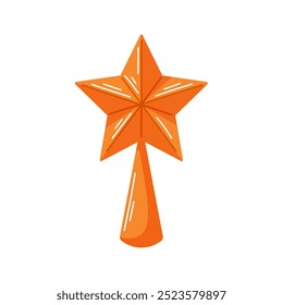 Star decoration for Christmas tree topper with a cone shaped base in cartoon style. The shiny festive star isolated on a white background.