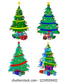 Star decorations, balls and light chains decorated Christmas trees with lots of gift boxes. Isolated on white background. Set of Christmas trees.