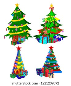 Star decorations, balls and light chains decorated Christmas trees with lots of gift boxes. Isolated on white background. Set of Christmas trees.