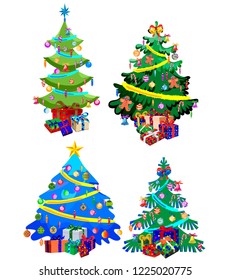Star decorations, balls and light chains decorated Christmas trees with lots of gift boxes. Isolated on white background. Set of Christmas trees.
