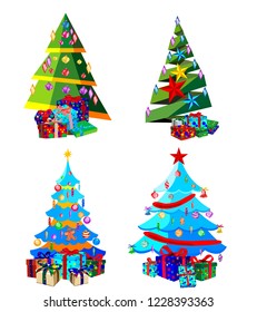 Star decorations, balls and light chains decorated Christmas trees with lots of gift boxes. Isolated on white background. Set of Christmas trees.