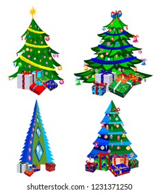 Star decorations, balls and light chains decorated Christmas trees with lots of gift boxes. Isolated on white background. Set of Christmas trees.