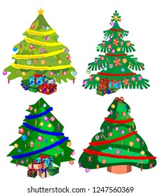 Star decorations, balls and light chains decorated Christmas trees with lots of gift boxes. Isolated on white background. Set of Christmas trees.