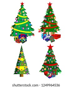 Star decorations, balls and light chains decorated Christmas trees with lots of gift boxes. Isolated on white background. Set of Christmas trees.