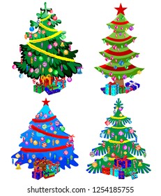 Star decorations, balls and light chains decorated Christmas trees with lots of gift boxes. Isolated on white background. Set of Christmas trees.