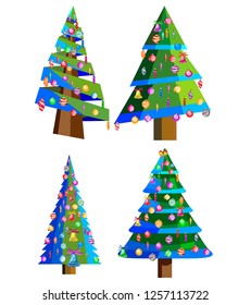 Star decorations, balls and light chains decorated Christmas trees with lots of gift boxes. Isolated on white background. Set of Christmas trees.