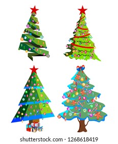 Star decorations, balls and light chains decorated Christmas trees with lots of gift boxes. Isolated on white background. Set of Christmas trees.