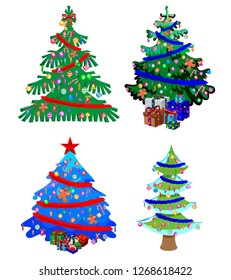 Star decorations, balls and light chains decorated Christmas trees with lots of gift boxes. Isolated on white background. Set of Christmas trees.