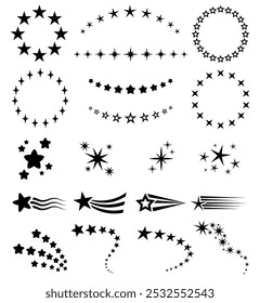 Star decorations. Shooting stars trails, circle frame, twinkling sparks, starry arch and circular star patterns. Decorative celestial vector elements set.