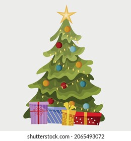 A star, decorative balls and garlands decorate the Christmas tree. There are boxes with gifts under the festive tree. Vector illustration in a flat style, isolated on a white background.