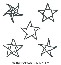 Estrella, conjunto de iconos de símbolos decorativos. Línea original, puntos, varias colecciones de contorno, gráficos en color negro. Elementos aislados, fondo blanco. Ilustración vectorial para el Diseño web