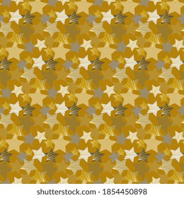 Star design, artistic. Various golden-silver stars are scattered on an orange background. Vector holiday illustration, seamless.
