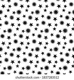 Star design. Gray various stars are scattered on a white background, textured, artistic. Vector holiday illustration, seamless.