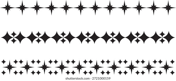 Conjunto de borde Horizontal de estrella y diamante. Colección de cinta decorativa Starburst retro de mediados de siglo. Vector de divisores decorativos de Antiguas. Cadenas, zigzags y motivos estelares festoneados