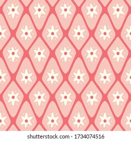 Star and diamond shape pattern design background. Cute geometric vector seamless repeat in pink and red.