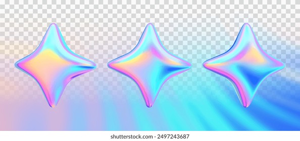 Estrella en diferentes ángulos sobre fondo transparente. Cuatro estrellas puntiagudas o destellos 3d iconos realistas. Estrella de destello colorida holográfica iridiscente para la decoración brillante mágica. Ilustración vectorial.