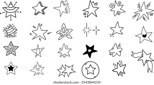 Star doddle collection, non perfect, human, faulty hand draw twinkle design Pack,design element group for cards and print,Hand drawn star aesthetics. 