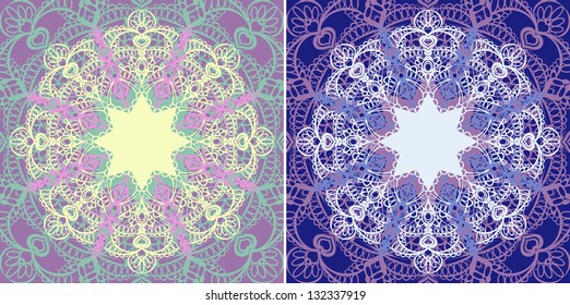 Star doily. Background seamless. The form of a lacy star. Colorful snowflakes. Pattern background.