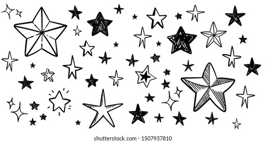Star doodle collection. Set of hand drawn stars. Scribble illustrations.