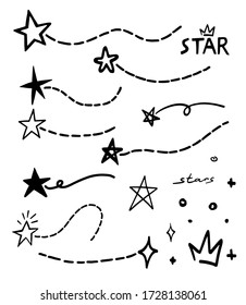 Línea de rayas del doodle de la estrella. Las estrellas dibujantes a mano forman elementos aislados. Esbozo del marcador de línea de dibujo para el énfasis del texto sobre el fondo blanco. Gráfica de lápiz y estilo de dibujo de esbozo