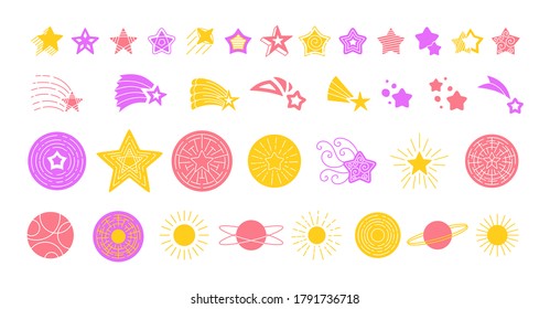 Star doodle icon set. Bright colored flat hand drawn stars symbols. Silhouette starry night sparkles, shining burst, falling glitter burst. Outline firework twinkle, glow. Isolated vector illustration