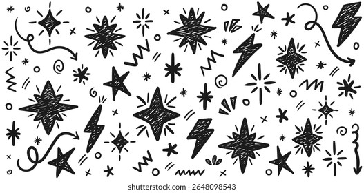 Star Doodle Icon Set on Transparent Background, Hand Drawn Lightning Bolt and Scribble Element Pack for Pop Art Design and Fun Decoration Vector Illustration