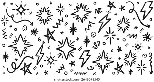 Star Doodle Icon Set on Transparent Background, Hand Drawn Lightning Bolt and Scribble Element Pack for Pop Art Design and Fun Decoration Vector Illustration