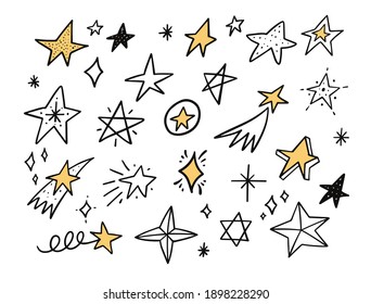 Icono del conjunto de doodles de estrellas dibujado a mano. Colores negros y amarillos. Estilo de caricatura cómica. Ilustración vectorial.