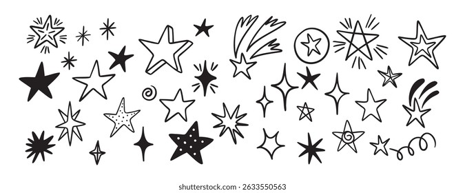 Star doodle set icon. Black comic cartoon style stars. . Vector illustration