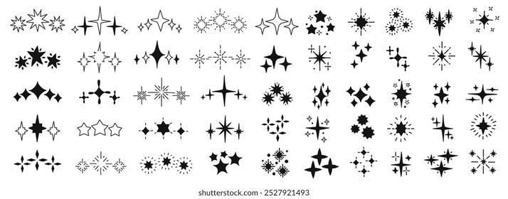 Star doodles featuring various glittering sparkles and silhouettes, ideal for decorating crafts or enhancing creative projects with a cosmic vibe.