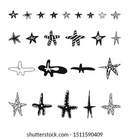 Star Doodles, hand drawn vector illustration. narrow and wide stars with smooth and sharp angles and different ornaments inside.