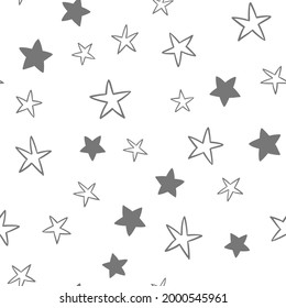 Star doodles seamless pattern. Hand drawn stars illustrations, background texture. Monochromatic.
