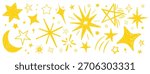 Star doodles set. Cute hand drawn stars, moon, bursts and cosmic shapes. Simple sketch style elements for kids designs, holiday decor, stickers and seamless patterns. Vector illustration.