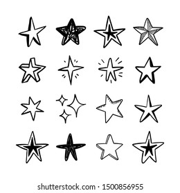 Star doodles set. Hand drawn stars, cartoon collection.