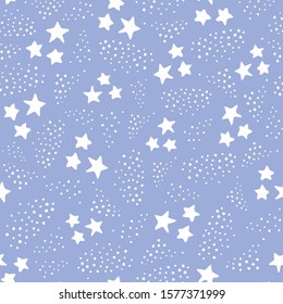 Star and dot vector seamless repeat pattern design background in blue and white.