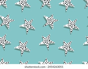 Star with dots turquoise background seamless pattern all over print graphic vector artwork