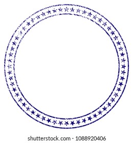 Star double circle frame grunge textured template. Vector draft element with grainy design and scratched texture in blue color. Designed for overlay watermarks and rubber seal imitations.