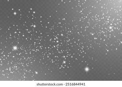 Stern und Staub auf transparentem Hintergrund. schöner feiner Staub, der in die Luft aufsteigt.  Vektorgrafik einzeln. Weihnachtlicher Hintergrund von glänzendem Staub. Konfetti mit leuchtendem Weihnachtslicht