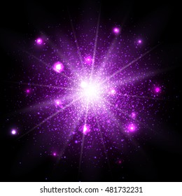 Star Dust Sparks In Explosion, Bokeh Special Light Effect, Purple Glitter Particles  Isolated On On Black Background. Vector Illustration