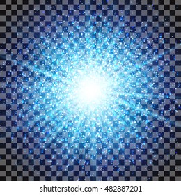 Star dust sparks in explosion, neon blue glitter particles  on transparent, plaid background. Vector 