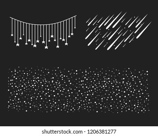 Star dust texture. Vector meteorite shower, falling meteors and asteroids. Glowing light sparkles in the space night sky. Isolated illustration. Lullaby starry background.
