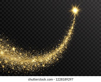 Star dust trail with glitter sparkling particles on transparent background. Gold glittering space comet tail. Cosmic wave. Golden shining star with dust tail. Festive backdrop. Vector illustration.