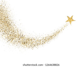 Star dust trail with glitter sparkling particles on white background. Gold glittering space comet tail. Cosmic wave. Golden shining star with dust tail. Festive backdrop. Vector illustration.