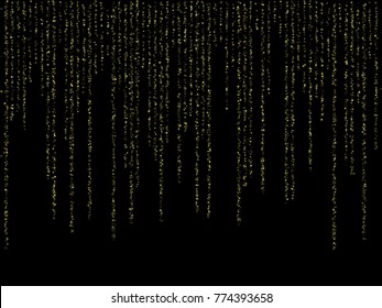 Star dust vector garlands, gold sparkles christmas lights background. Glitter confetti shining stars pattern on black background. Gold festoons, sparkle garlands.