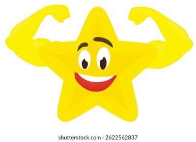 Emoticono estrella con músculos. Vector